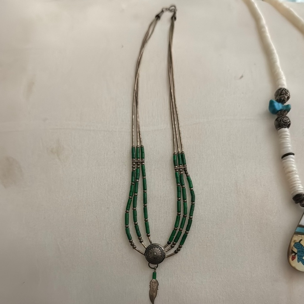 Vedic Native American three string liquid silver Malachi necklace 18 inches